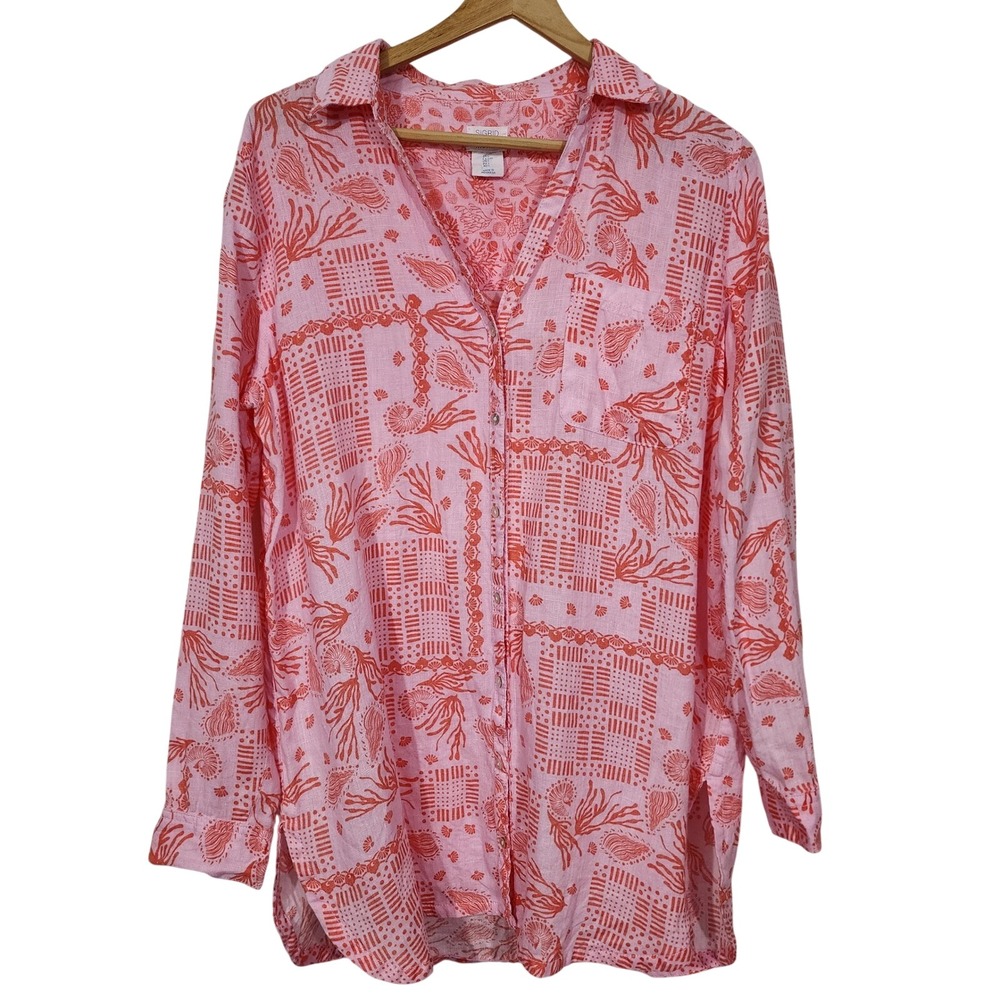 Sigrid Olsen 100% Linen Pink Coral‎ Seashell Button Down Shirt Women's L Coastal